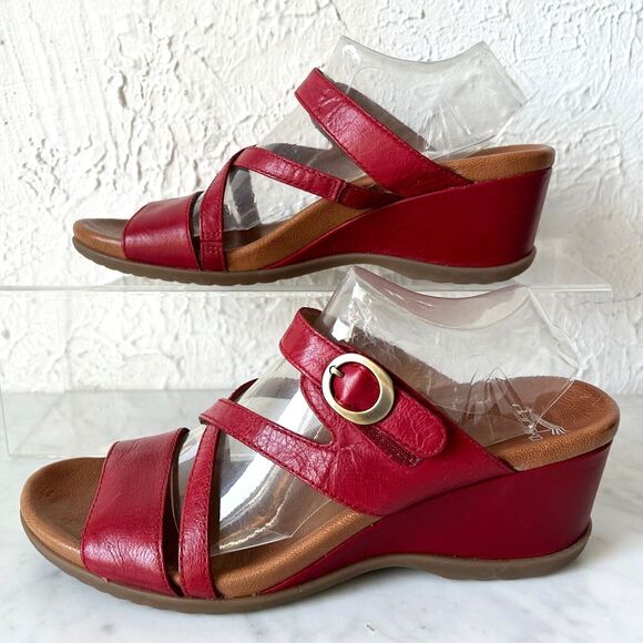 Dansko Ana Red Leather Open Back Wedge Sandals Adjustable Strap - Women's 40/9 - Picture 2 of 8